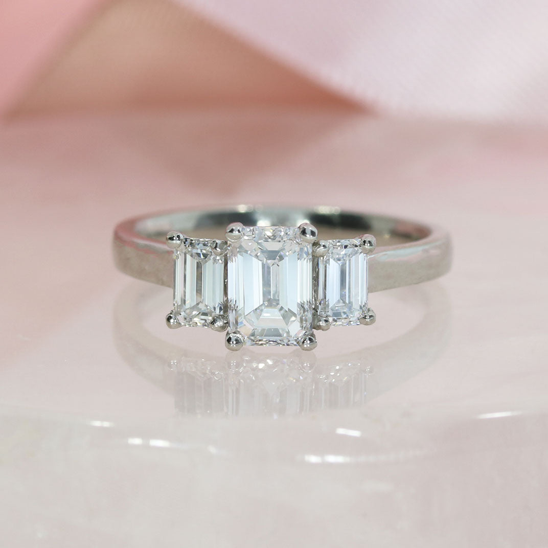 Platinum Emerald Cut Laboratory Grown Diamond Claw Set 3 Stone Ring Approximate 1.67ct
