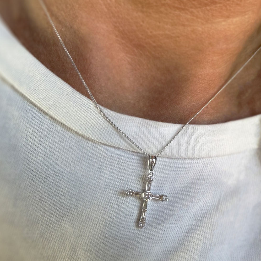 18ct Diamond Set Cross on 9ct 16inch Fine Chain