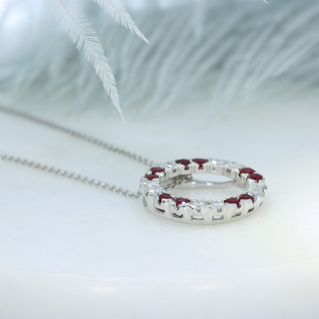 9ct White Gold Ruby & Lab Diamond Circle Pendant & 9ct Chain