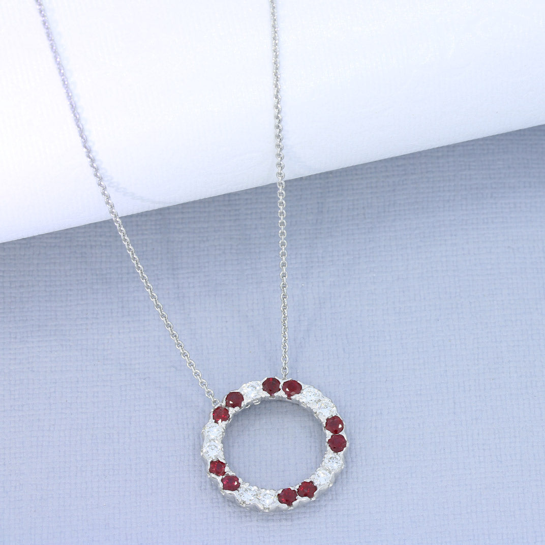 9ct White Gold Ruby & Lab Diamond Circle Pendant & 9ct Chain