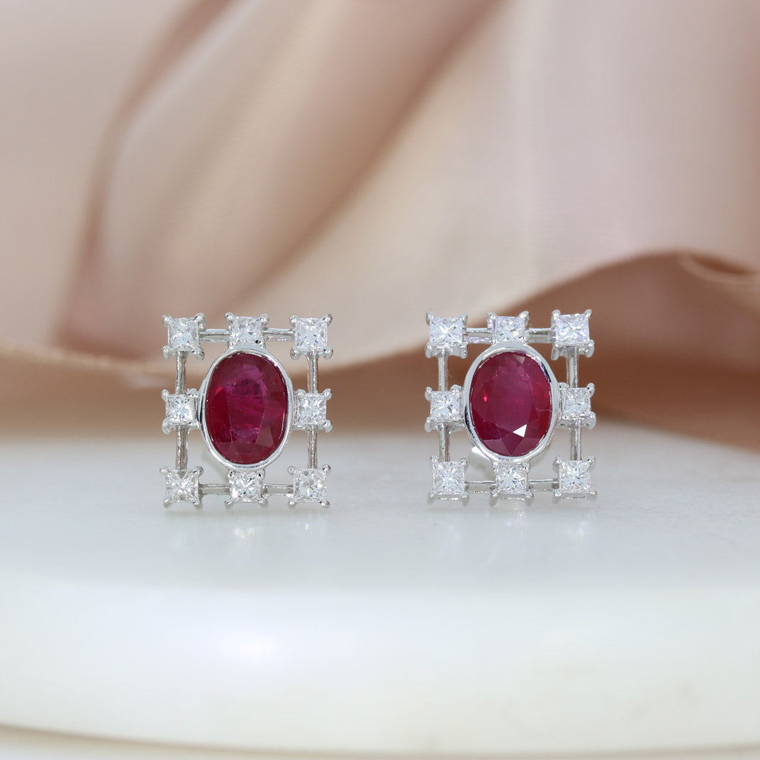 18ct White Gold Fancy Rectangular Oval Ruby & Princess Cut Diamond Earrings