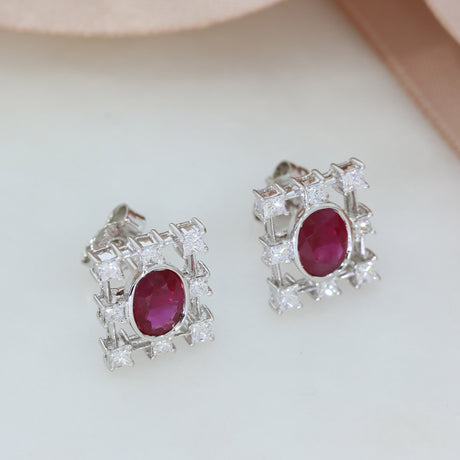 18ct White Gold Fancy Rectangular Oval Ruby & Princess Cut Diamond Earrings