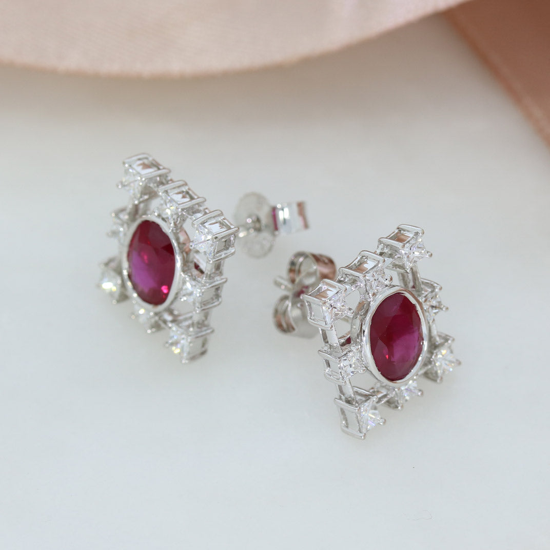 18ct White Gold Fancy Rectangular Oval Ruby & Princess Cut Diamond Earrings