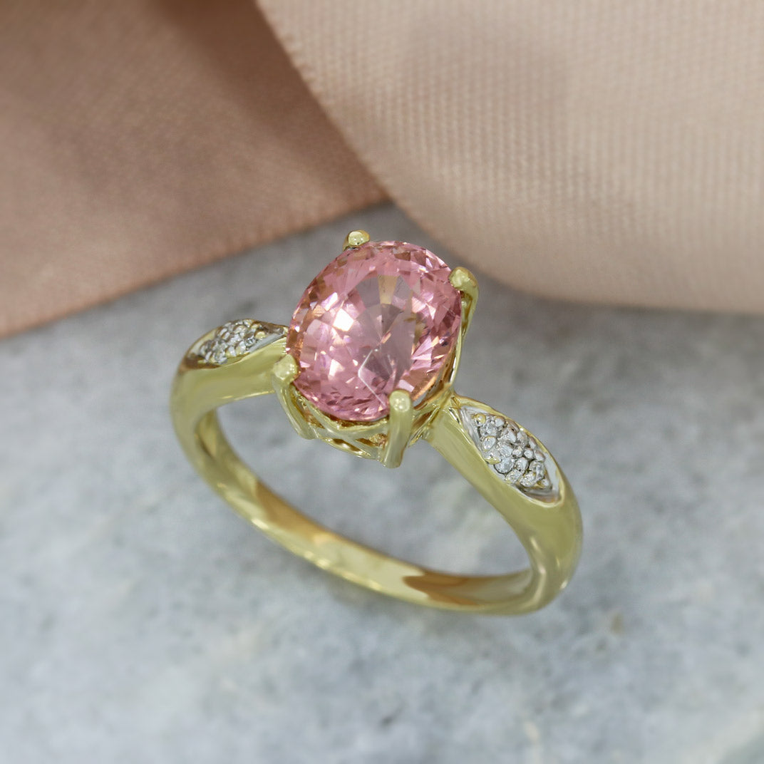 9ct Pink Tourmaline Ring with Pave Set Diamond Shoulders