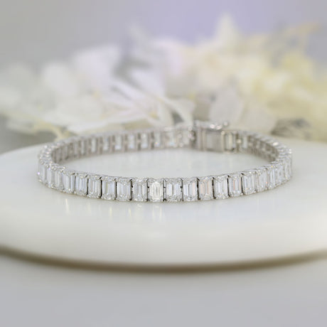 9ct White Gold Emerald Cut Laboratory Diamond Claw Set Line Bracelet 16.00ct