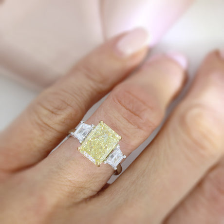 Platinum Certified Fancy Intense Yellow Lab Grown Diamond 3 Stone Ring 5.11ct