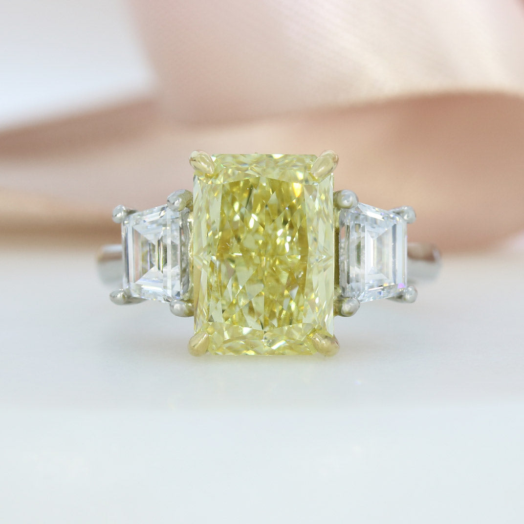 Platinum Certified Fancy Intense Yellow Lab Grown Diamond 3 Stone Ring 5.11ct
