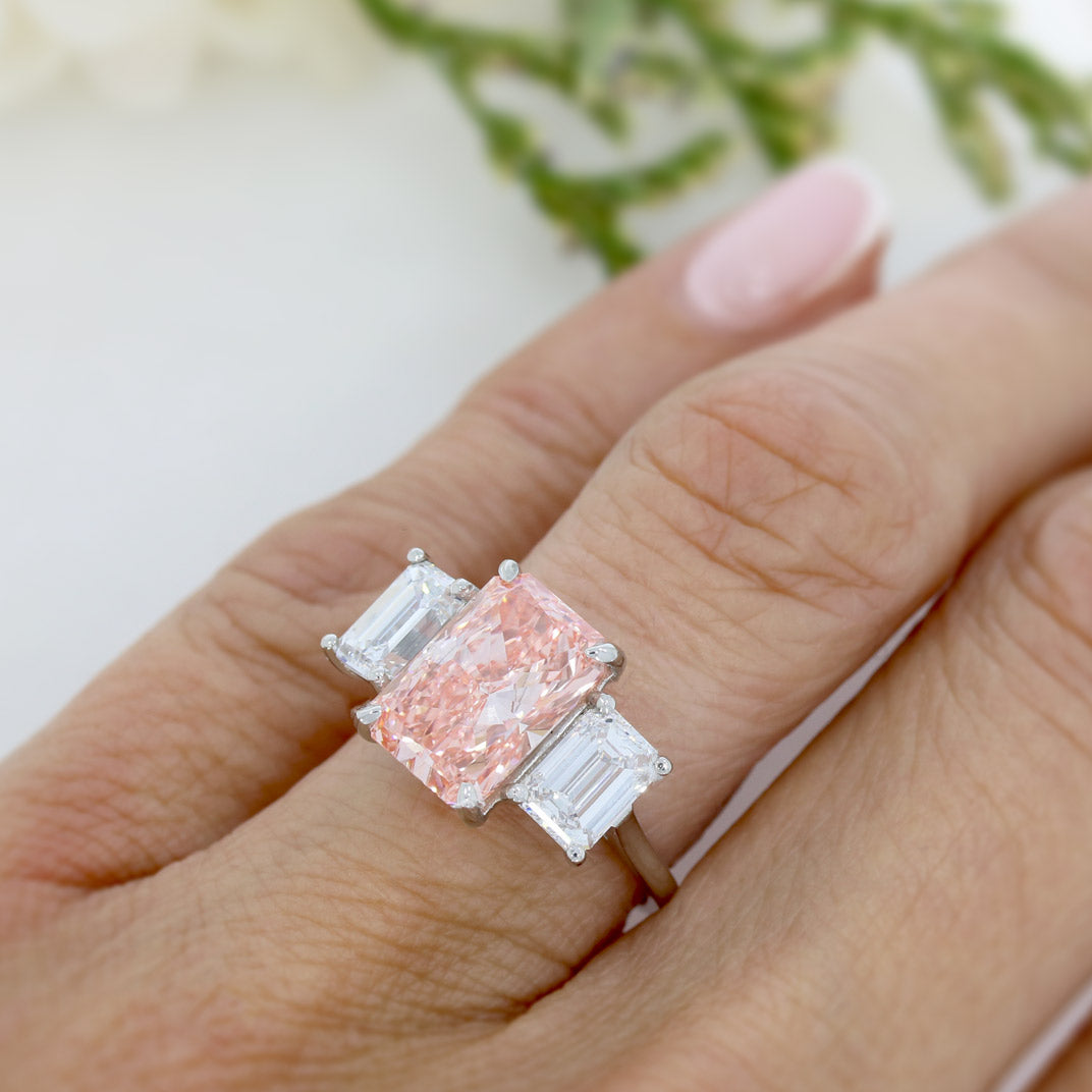 Platinum Certified Rectangular Lab Fancy Vivid Pink & lab Emerald Cut 6.07ct