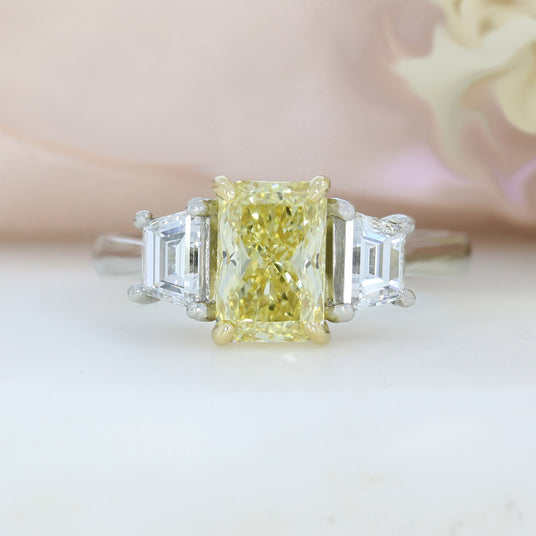 Platinum Certified Fancy Intense Yellow Lab Grown 3 Stone Ring 2.30ct