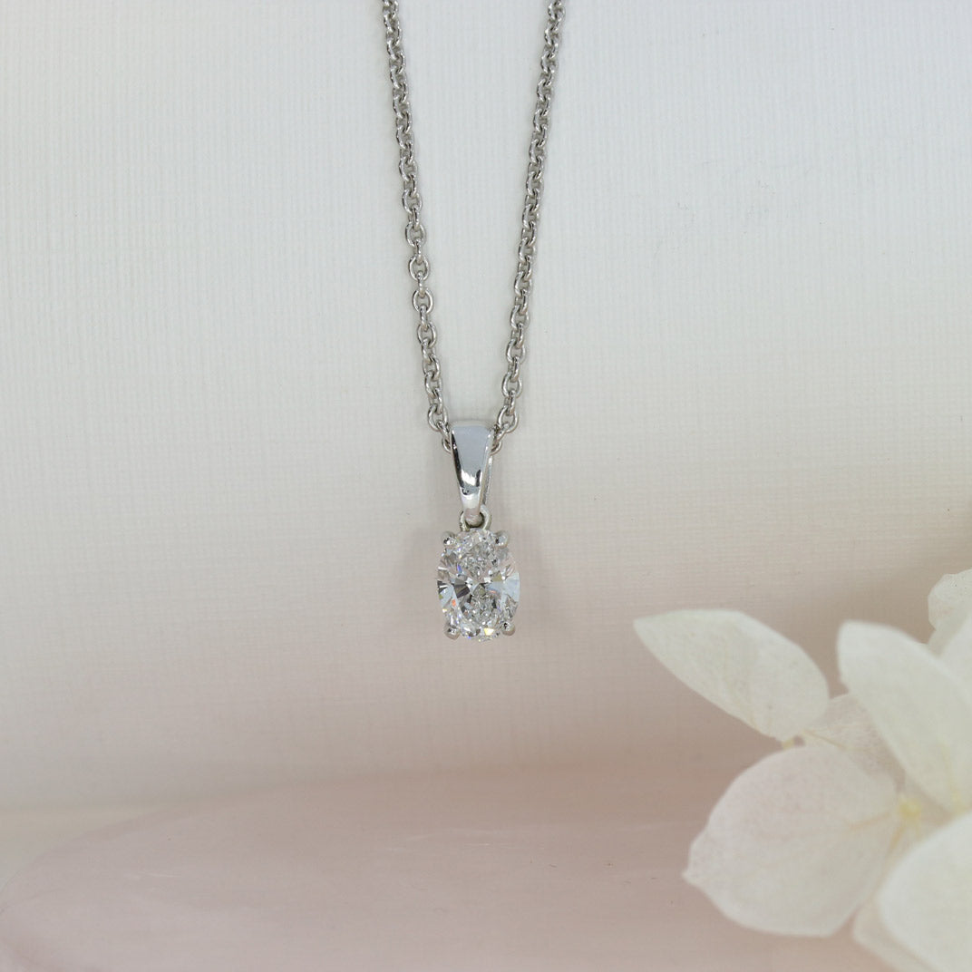 9ct White Gold Oval Lab Diamond Solitaire Pendant 0.73ct 18" chain