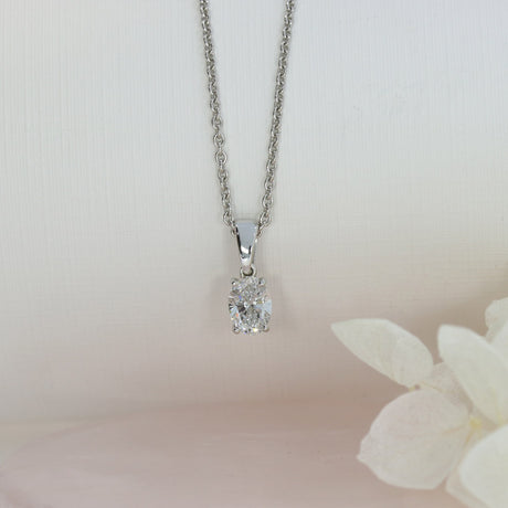 9ct White Gold Oval Lab Diamond Solitaire Pendant 0.73ct 18" chain