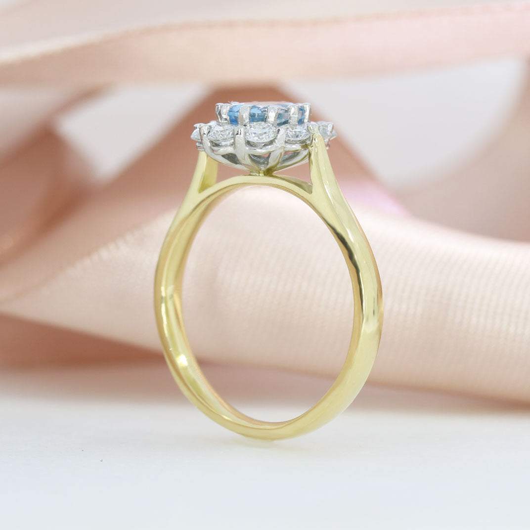 18ct & Platinum Oval Claw Set Aquamarine & Lab Diamond Cluster Ring