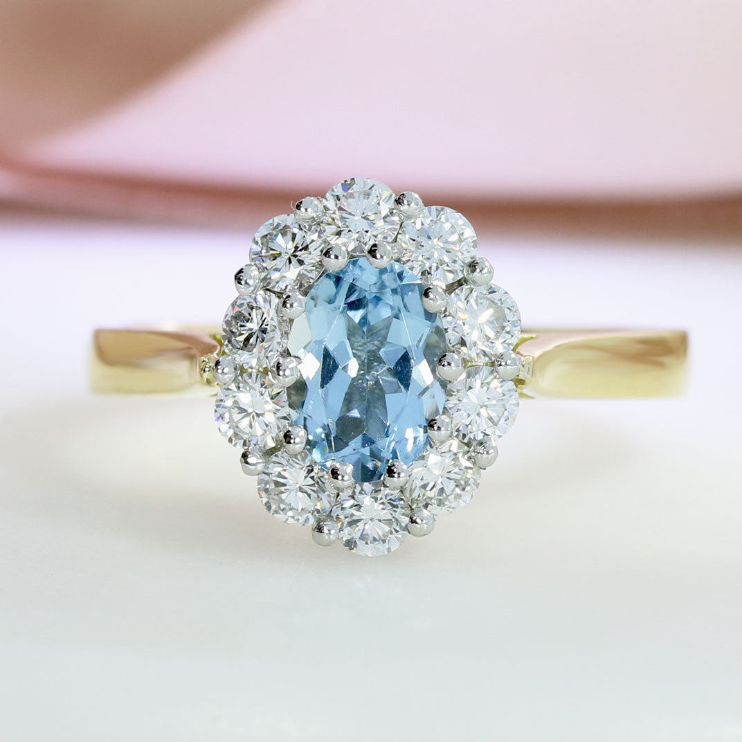18ct & Platinum Oval Claw Set Aquamarine & Lab Diamond Cluster Ring