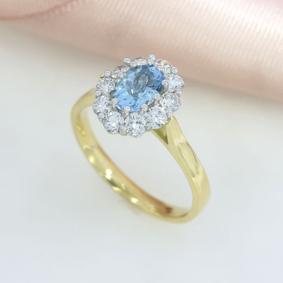 18ct & Platinum Oval Claw Set Aquamarine & Lab Diamond Cluster Ring