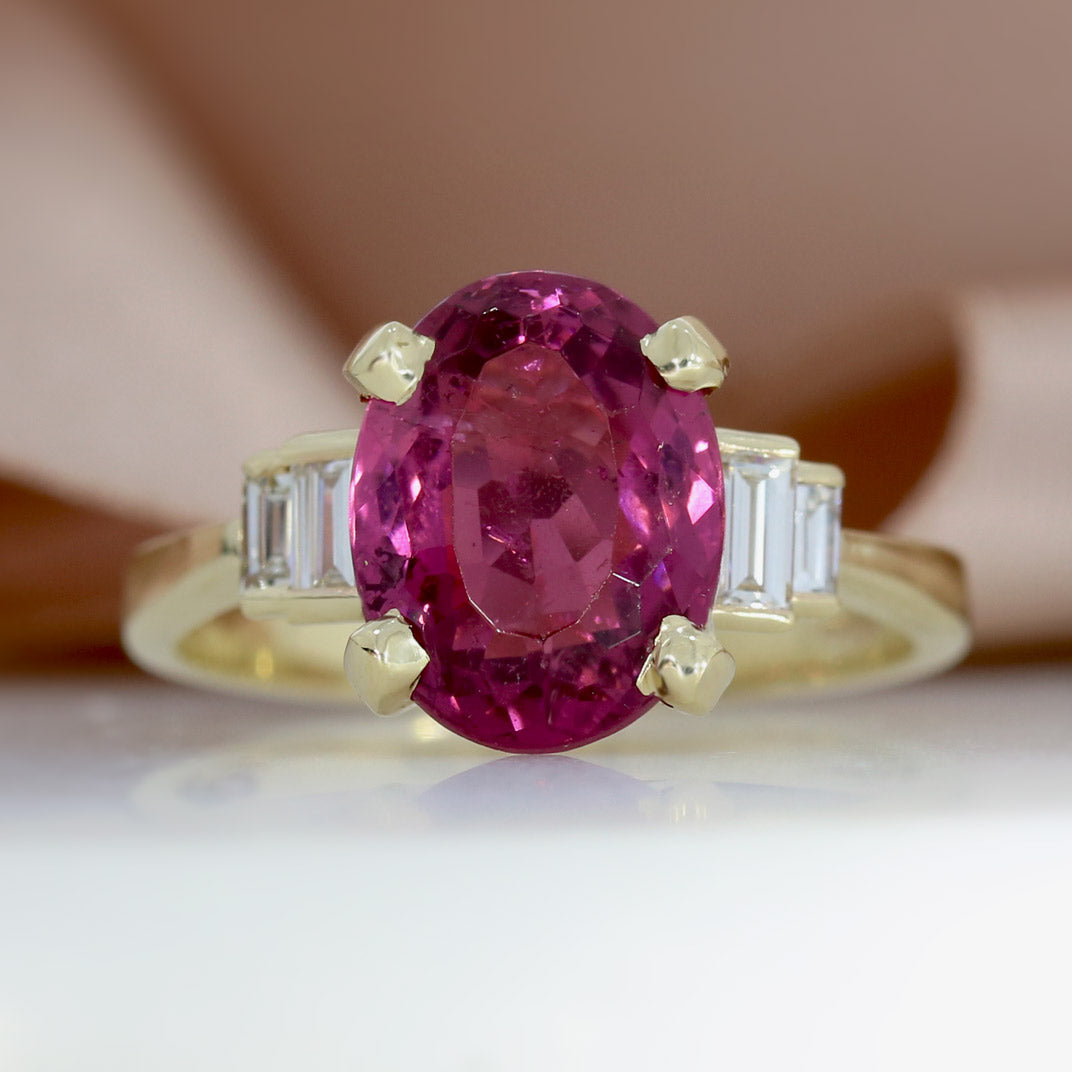 9ct Gold Claw Set Oval 3.76ct Pink Tourmaline & Lab Diamond Ring
