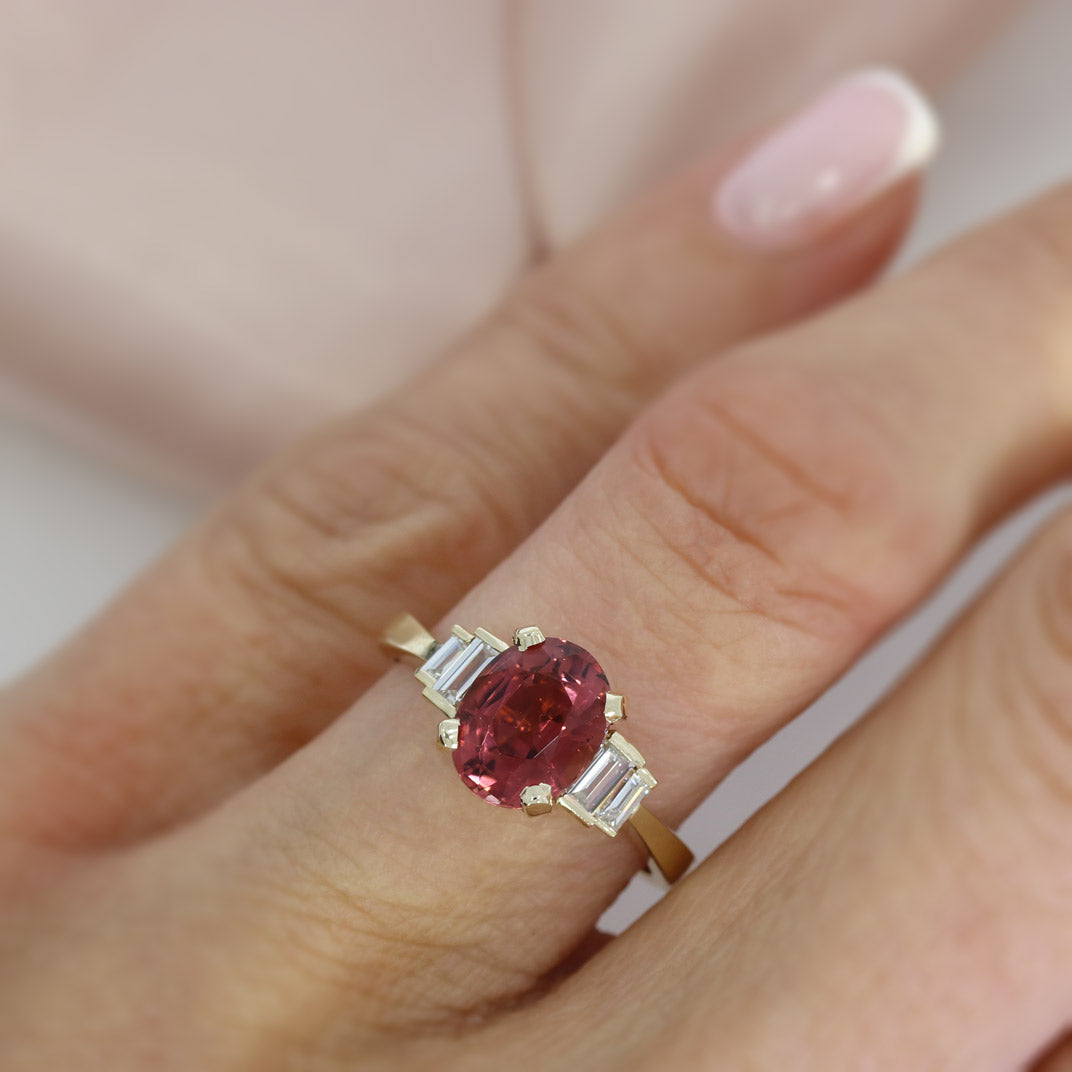9ct Gold Oval 2.21ct Pink Tourmaline & Lab Diamond Ring