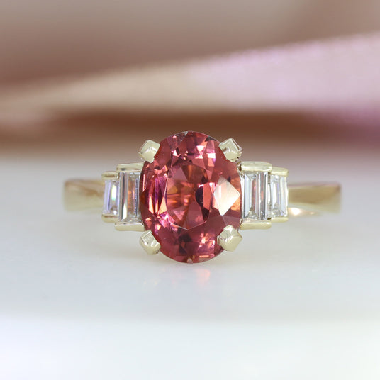 9ct Gold Oval 2.21ct Pink Tourmaline & Lab Diamond Ring