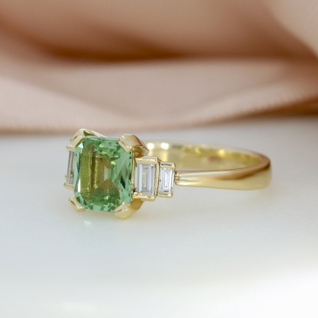 9ct Square Green Tourmaline & Lab Baguette Diamond Ring