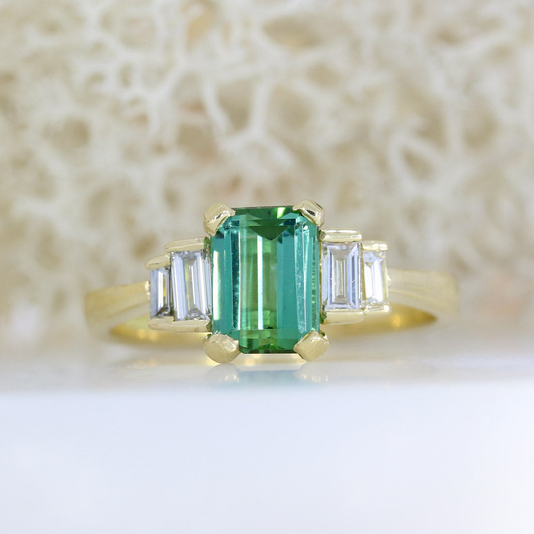 18ct Emerald Cut Green Tourmaline 1.40ct & Lab Diamond Ring
