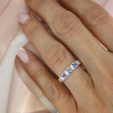 9ct White Gold Channel Set Sapphire & Lab Diamond Eternity Ring