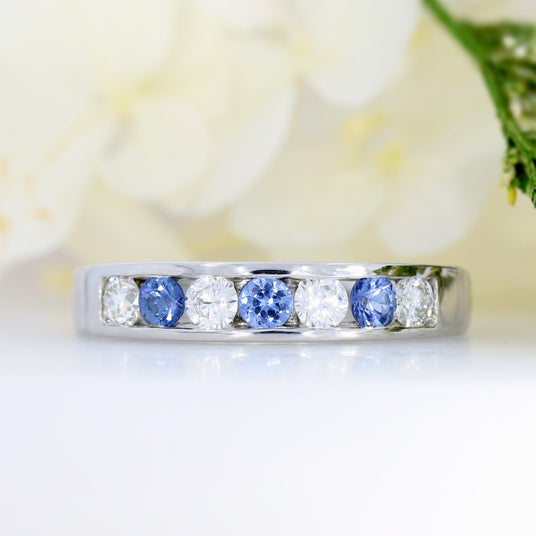 9ct White Gold Channel Set Sapphire & Lab Diamond Eternity Ring