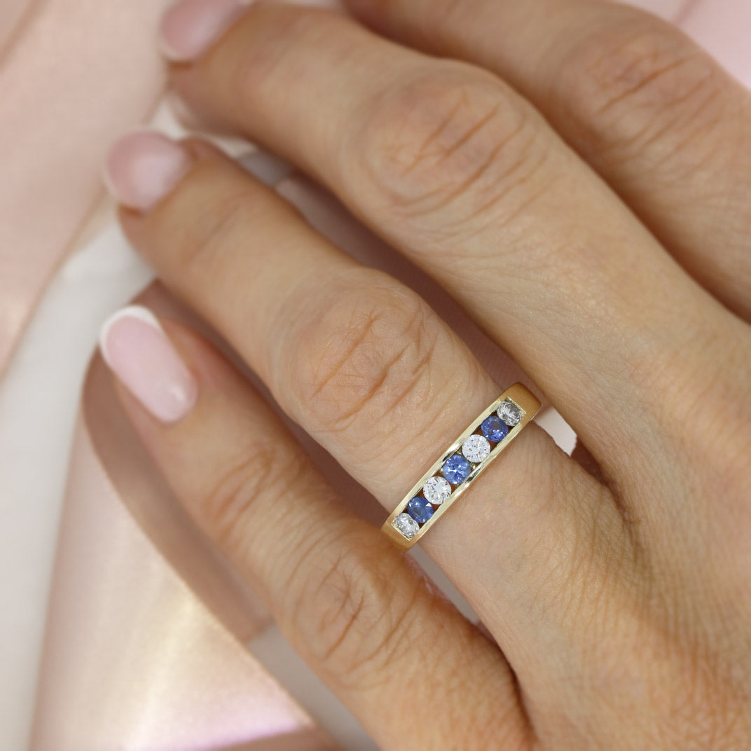 9ct Yellow Gold Channel Set Sapphire & Lab Diamond Eternity Ring