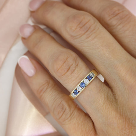 9ct Yellow Gold Channel Set Sapphire & Lab Diamond Eternity Ring