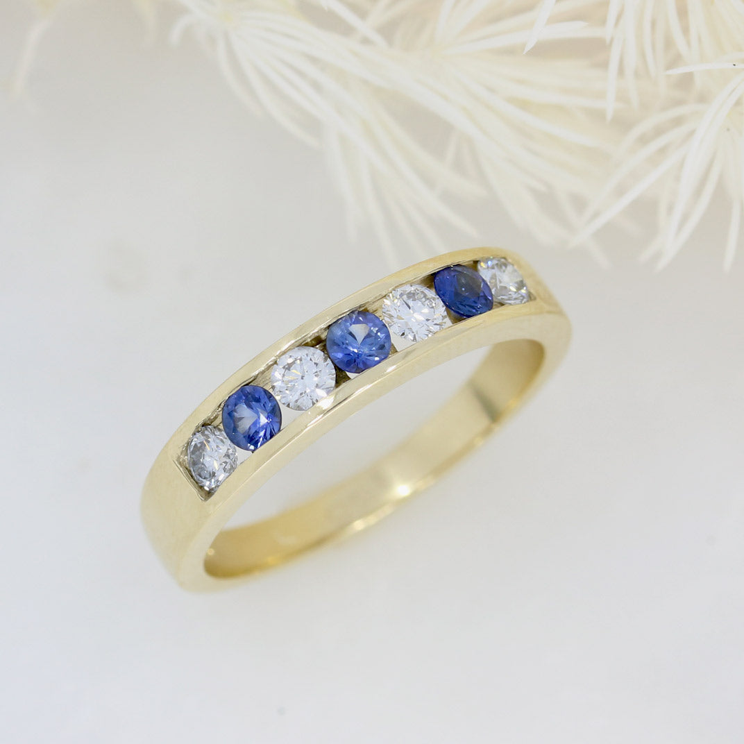 9ct Yellow Gold Channel Set Sapphire & Lab Diamond Eternity Ring