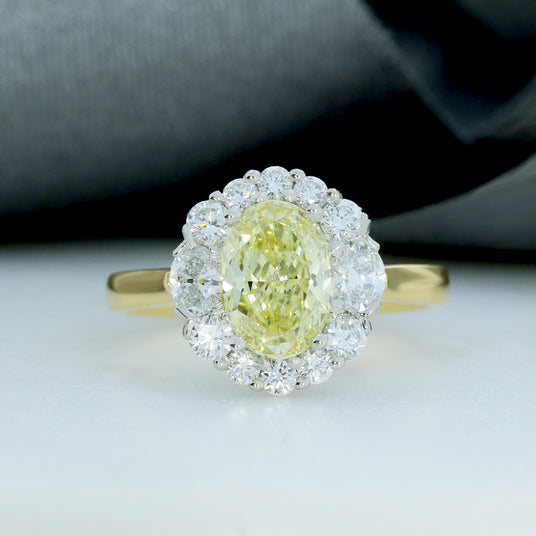 18ct Gold Claw Set Certified Fancy Intense Yellow Lab Diamond Cluster Ring 2.47ct VS1
