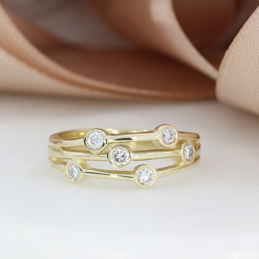 9ct Yellow Gold 3 Row Bubble Ring with Approx 0.18ct Lab Grown Diamonds