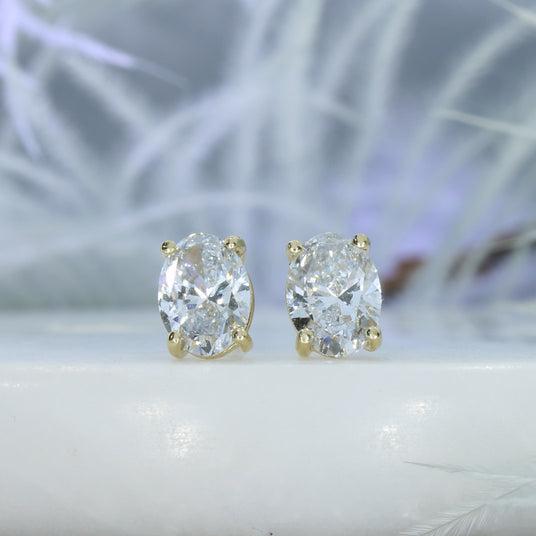 9ct Yellow Gold Oval 4 Claw Set Laboratory Grown Diamond Stud Earrings 2.13ct