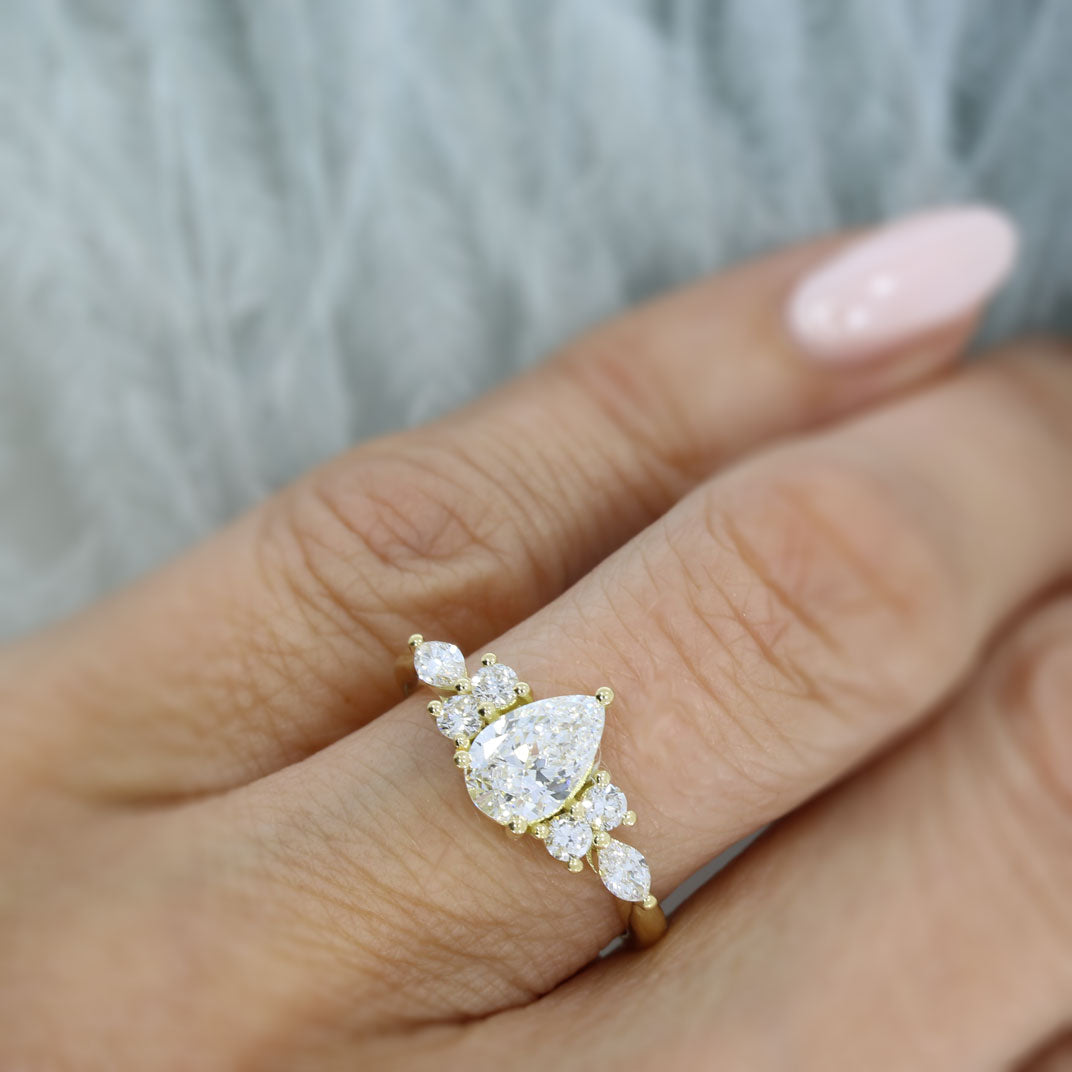 18ct Yellow Gold Pear, Round & Marquise Shape Lab Grown Diamond Ring.