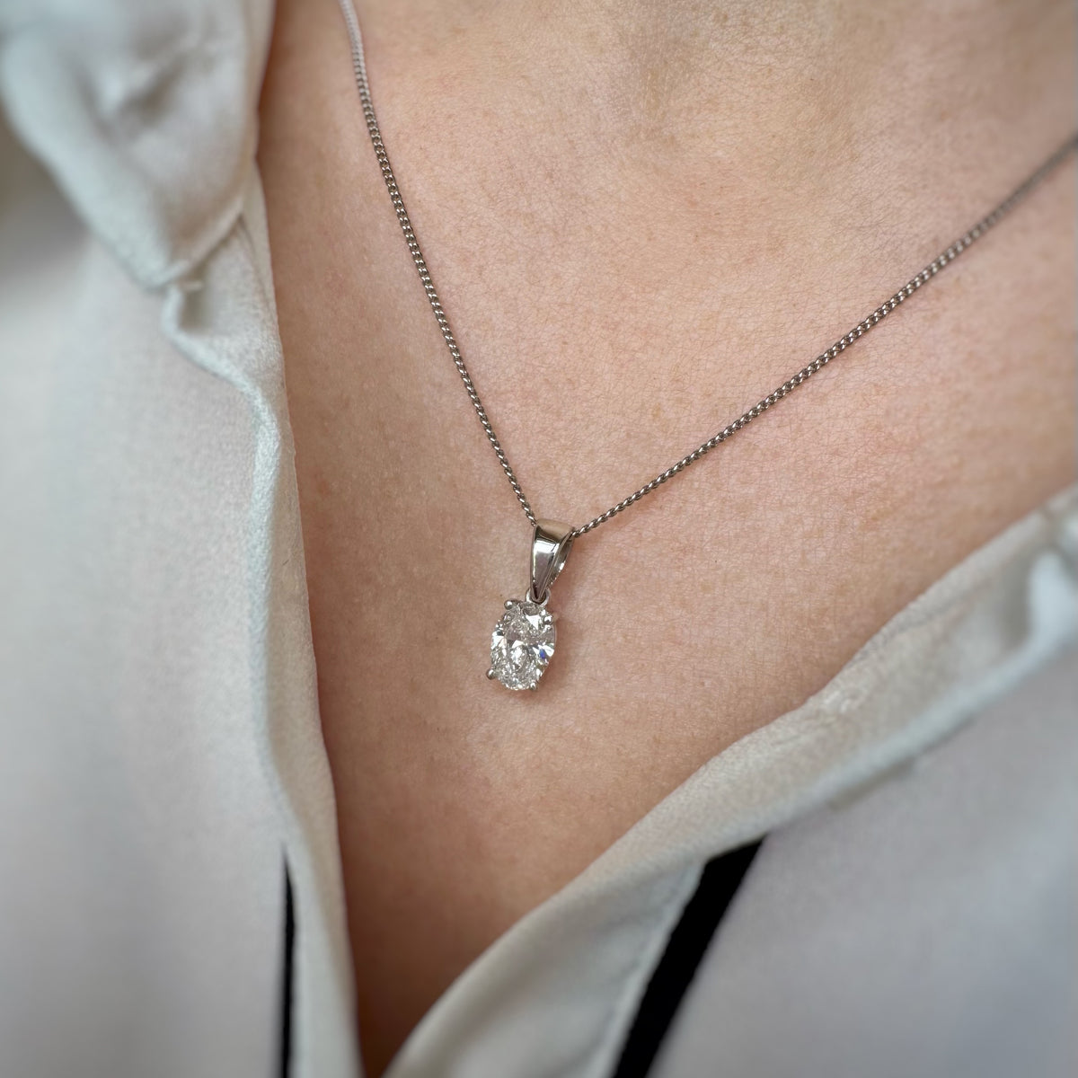9ct White Gold Oval Lab Grown Diamond Pendant 0.75ct 17" Chain