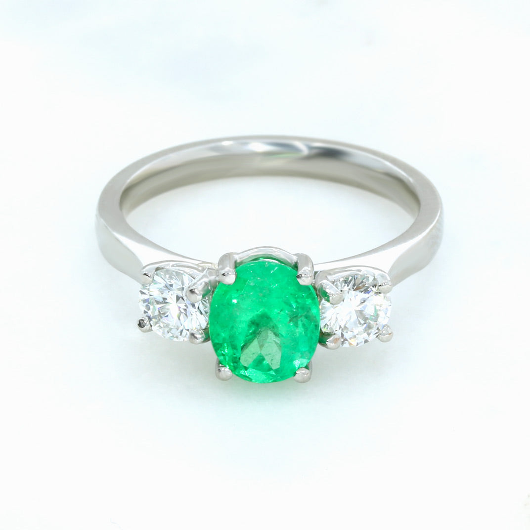 Platinum Oval Emerald & Certified Brilliant Cut Natural Diamond 3 Stone Ring