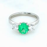 Platinum Oval Emerald & Certified Brilliant Cut Natural Diamond 3 Stone Ring
