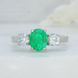Platinum Oval Emerald & Certified Brilliant Cut Natural Diamond 3 Stone Ring