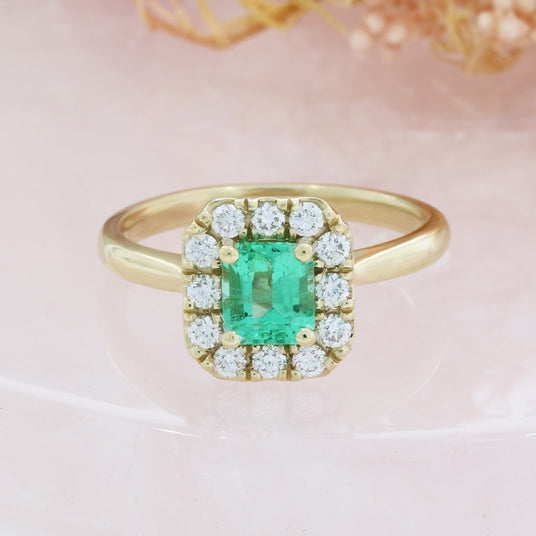 9ct Yellow Gold Claw Set Emerald & Natural Diamond Cluster Ring