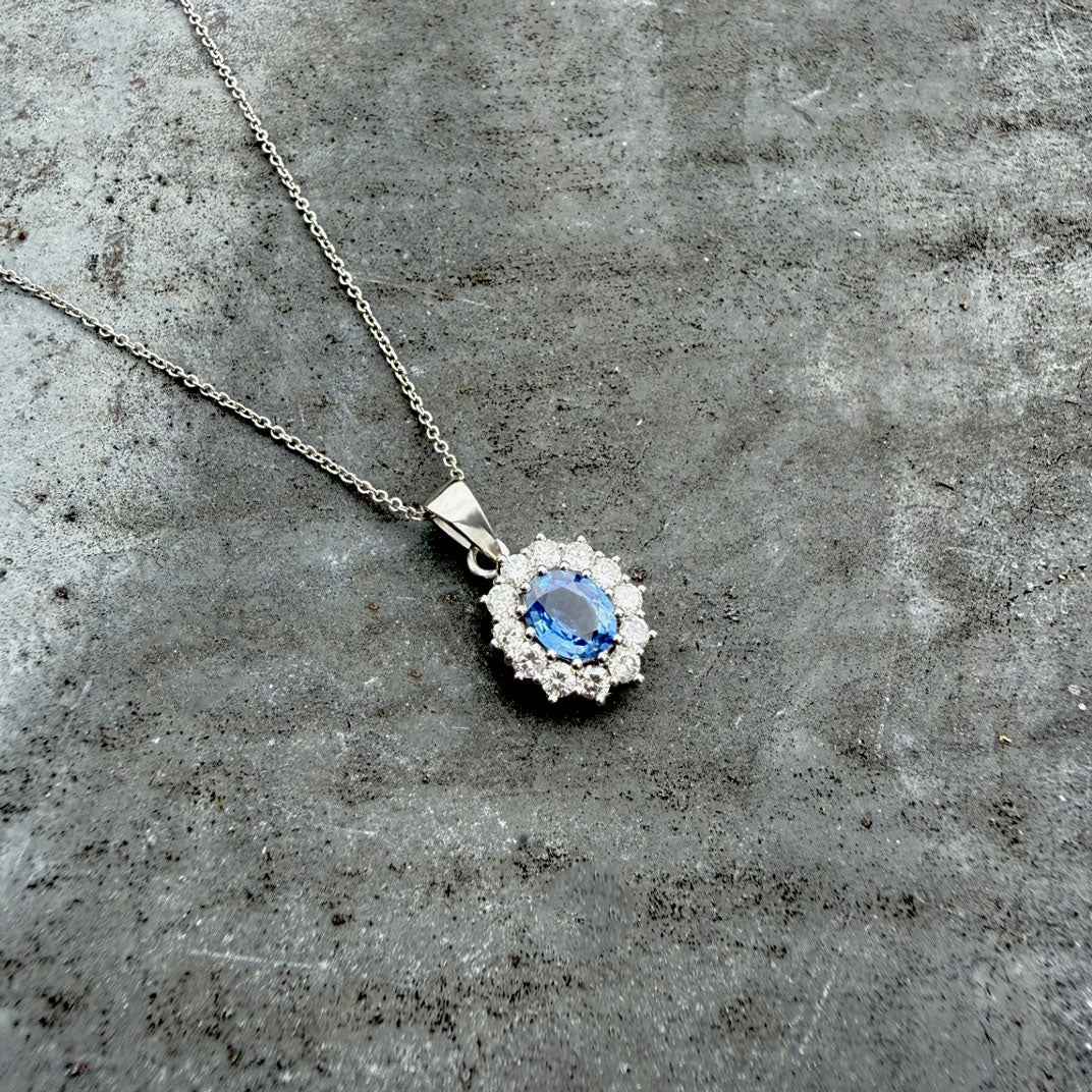 Platinum Sapphire & Diamond Cluster Pendant on a Platinum Chain