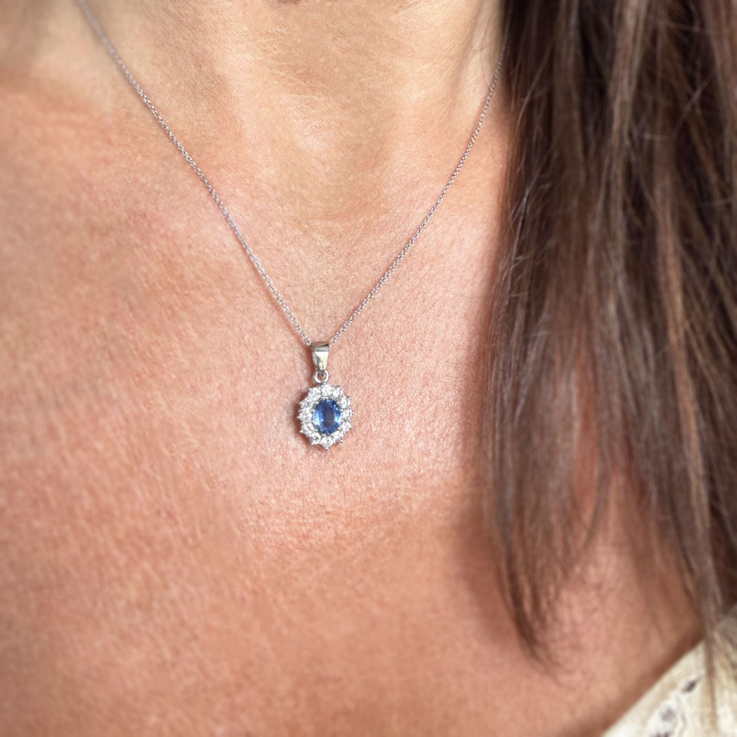 Platinum Sapphire & Diamond Cluster Pendant on a Platinum Chain