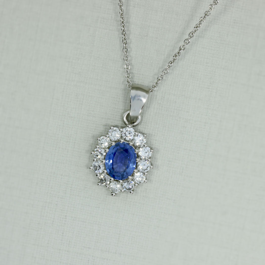 Platinum Sapphire & Diamond Cluster Pendant on a Platinum Chain