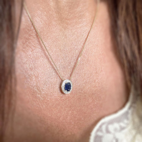 9ct Gold Claw Set Oval Sapphire & Lab Grown Diamond Halo Pendant On 9ct Chain