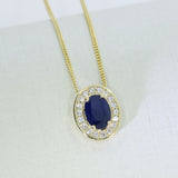 9ct Gold Claw Set Oval Sapphire & Lab Grown Diamond Halo Pendant On 9ct Chain