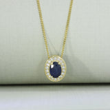 9ct Gold Claw Set Oval Sapphire & Lab Grown Diamond Halo Pendant On 9ct Chain