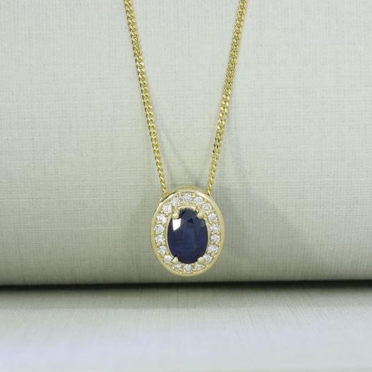 9ct Gold Claw Set Oval Sapphire & Lab Grown Diamond Halo Pendant On 9ct Chain