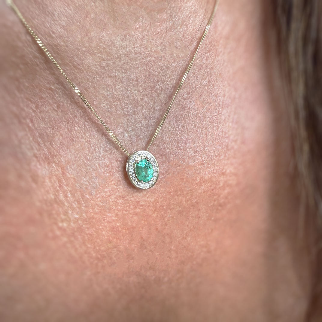 9ct Gold Emerald Lab Grown Diamond Halo Pendant on a 20inch 9ct Chain