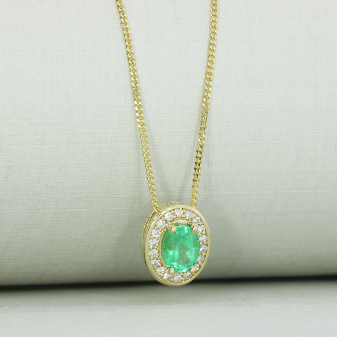 9ct Gold Emerald Lab Grown Diamond Halo Pendant on a 20inch 9ct Chain