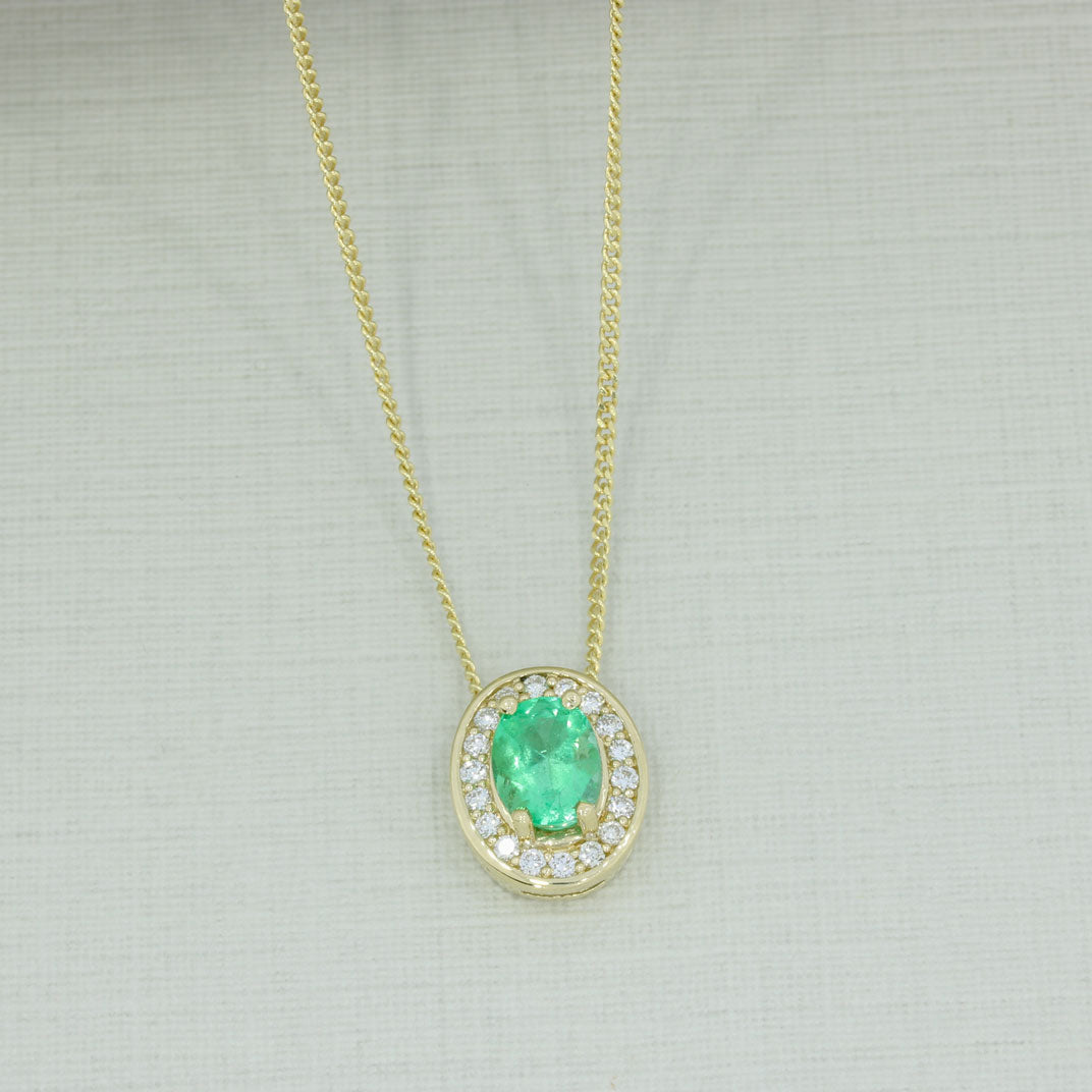 9ct Gold Emerald Lab Grown Diamond Halo Pendant on a 20inch 9ct Chain