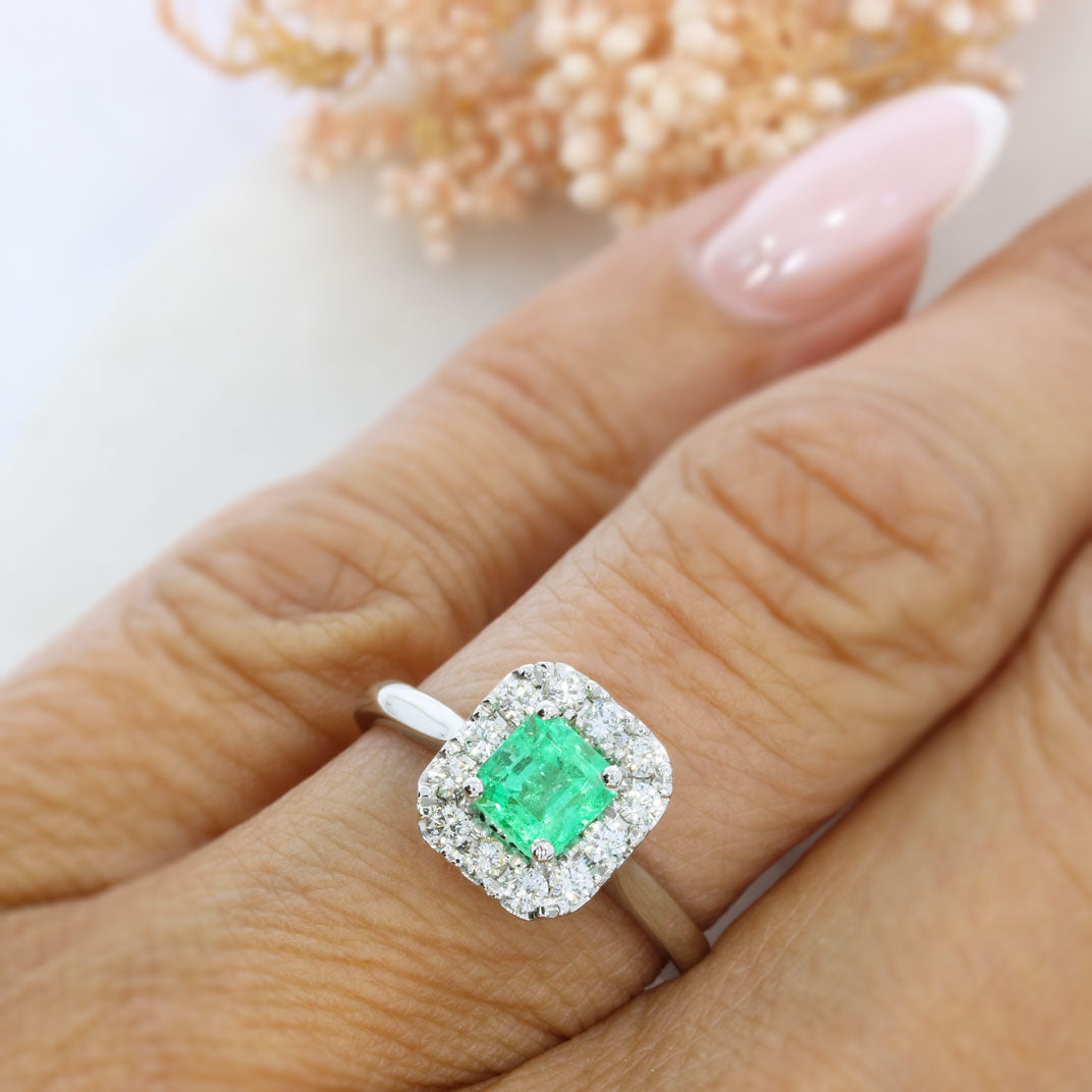 Platinum Square Claw Set Emerald & Brilliant Cut Natural Diamond Cluster Ring