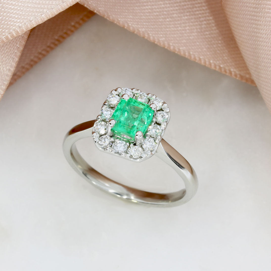 Platinum Square Claw Set Emerald & Brilliant Cut Natural Diamond Cluster Ring