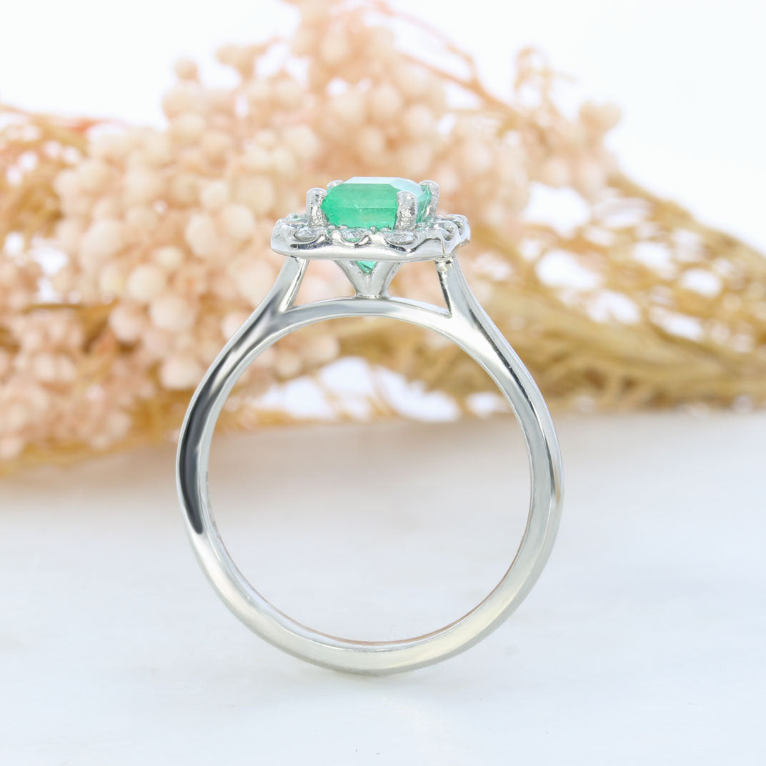 Platinum Square Claw Set Emerald & Round Brilliant Cut Natural Diamond Cluster Ring